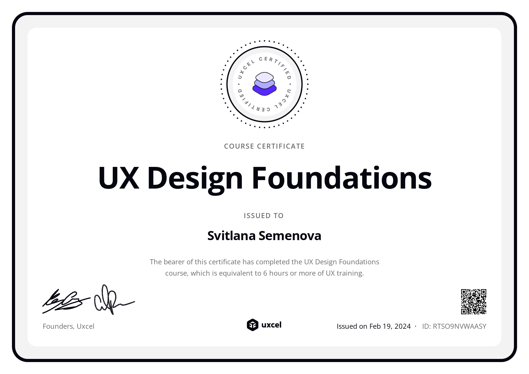 Svitlana Semenova's certificate